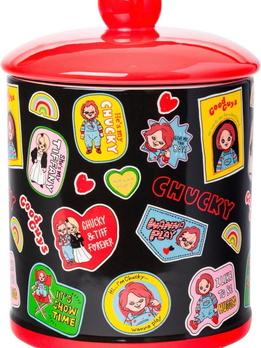 Chucky Sticker-Print Ceramic Jar with Red Lid